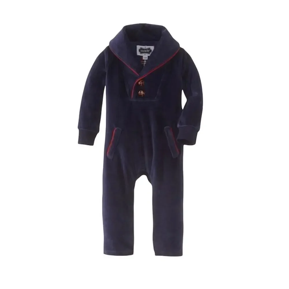 Mud Pie One Piece Baby Boys 6-9M Navy Velour Romper Plaid Patch Shawl Collar New